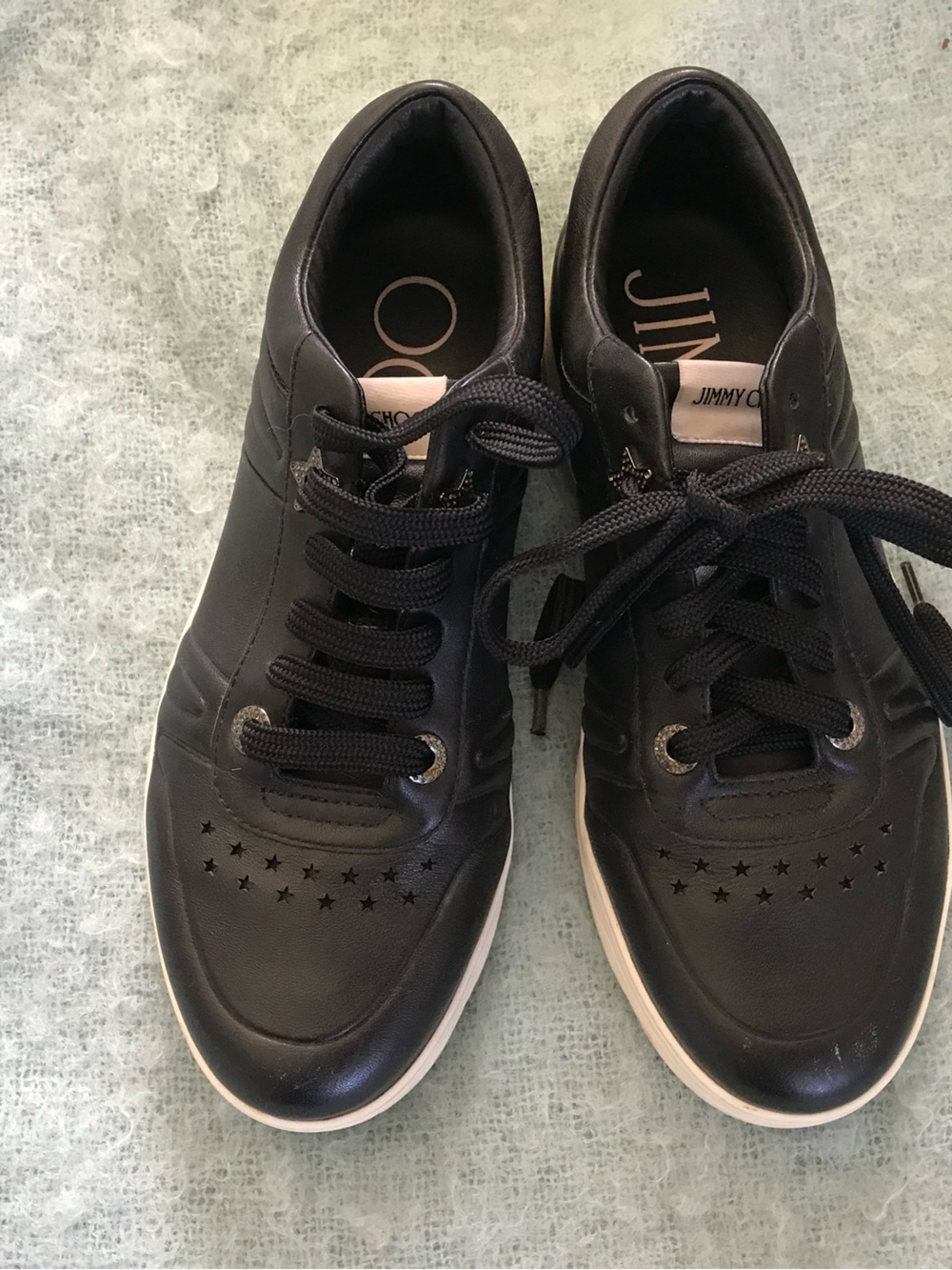 Jimmy Choo Black Leather Star-Perforated Lace-Up Sneakers